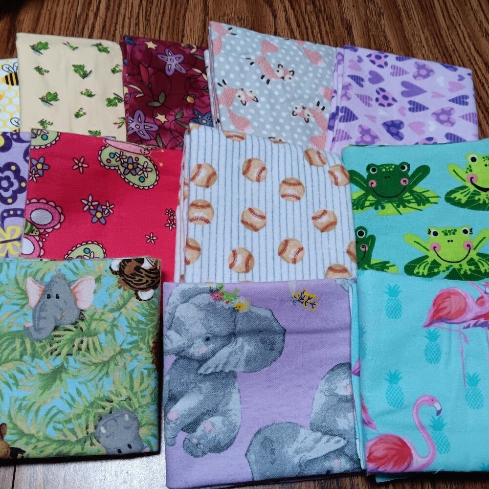 #509 12 Asst. Flannel Fat Quarters KIDS Animals, Elephants, Deer NEW PRICE